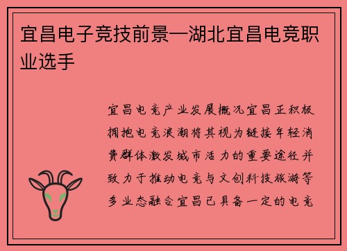宜昌电子竞技前景—湖北宜昌电竞职业选手